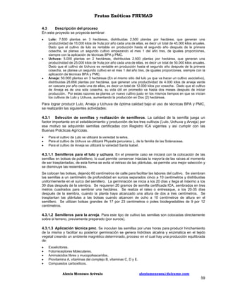 Frutas Exóticas FRUMAD
4.3
Descripción del proceso
En este proyecto se proyecta sembrar:






Lulo: 7.500 plantas en 3 hectáreas, distribuidas 2.500 plantas por hectárea, que generan una
productividad de 15.000 kilos de fruta por año cada una de ellas, es decir un total de 45.000 kilos anuales.
Dado que el cultivo de lulo es rentable en producción hasta el segundo año después de la primera
cosecha, se planea un segundo cultivo empezando el mes 1 del año tres, de iguales proporciones,
siempre con la aplicación de técnicas BPA y PMC.
Uchuva: 5.000 plantas en 2 hectáreas, distribuidas 2.500 plantas por hectárea, que generan una
productividad de 25.000 kilos de fruta por año cada una de ellas, es decir un total de 50.000 kilos anuales.
Dado que el cultivo de Uchuva es rentable en producción hasta el segundo año después de la primera
cosecha, se planea un segundo cultivo en el mes 1 del año tres, de iguales proporciones, siempre con la
aplicación de técnicas BPA y PMC.
Arveja: 50.000 plantas en 3 hectáreas (En el mismo sitio del lulo ya que va hacer un cultivo asociativo),
distribuidas 26.666 plantas por hectárea, que generan una productividad de 4.000 kilos de arveja verde
en cascara por año cada una de ellas, es decir un total de 12.000 kilos por cosecha. Dado que el cultivo
de Arveja es de una sola cosecha, su vida útil en promedio va hasta dos meses después de iniciar
producción. Por estas razones se planea un nuevo cultivo justo en los mismos tiempos en que se inician
los cultivos de Lulo y Uchuva, aumentando la producción en Dos (2) hectáreas.

Para lograr producir Lulo, Arveja y Uchuva de óptima calidad bajo el uso de técnicas BPA y PMC,
se realizarán las siguientes actividades:
4.3.1 Selección de semillas y realización de semilleros. La calidad de la semilla juega un
factor importante en el establecimiento y producción de los tres cultivos (Lulo, Uchuva y Arveja) por
ese motivo se adquirirán semillas certificadas con Registro ICA vigentes y así cumplir con las
Buenas Prácticas Agrícolas.




Para el cultivo de Lulo se utilizará la variedad la selva.
Para el cultivo de Uchuva se utilizará Physalis peruviana L. de la familia de las Solanaceae.
Para el cultivo de Arveja se utilizará la variedad Santa Isabel.

4.3.1.1 Semilleros para el lulo y uchuva. En el presente caso se iniciará con la colocación de las
semillas en bolsas de polietileno, lo cual permite conservar intactas la mayoría de las raíces al momento
de ser trasplantadas, de esta forma se evita el retraso de las plántulas, se permite una mejor selección y
se disminuye las resiembras.
Se colocan las bolsas, dejando 60 centímetros de calle para facilitar las labores del cultivo. Se siembran
las semillas a un centímetro de profundidad en surcos separados cinco a 10 centímetros y distribuidas
uniformemente en el surco del semillero. La germinación se inicia a los 20 días y llega al máximo a los
30 días después de la siembra. Se requieren 20 gramos de semilla certificada ICA, sembrados en tres
metros cuadrados para sembrar una hectárea. Se realiza el raleo o entresaque, a los 20-35 días
después de la siembra, cuando la planta haya alcanzado una altura de dos a tres centímetros. Se
trasplantan las plántulas a las bolsas cuando alcancen de ocho a 10 centímetros de altura en el
semillero. Se utilizan bolsas grandes de 17 por 23 centímetros o potes biodegradables de 9 por 12
centímetros.

4.3.1.2 Semilleros para la arveja. Para este tipo de cultivo las semillas son colocadas directamente
sobre el terreno, previamente preparado (por surcos).
4.3.1.3 Aplicación técnica pmc. Se inoculan las semillas por unas horas para producir hinchamiento
de la misma y facilitar su posterior germinación se genera hidrólisis alcalina y enzimática en el tejido
vegetal creando un ambiente magnético determinado, proceso en el cual hay una producción equilibrada
de:






Exoelicitores.
Fotorreceptores Moleculares.
Aminoácidos libres y mucopolisacaridos.
Provitamina A, vitaminas del complejo B, vitaminas C, D y E.
Compuestos carboxílicos.
Alexis Meneses Arévalo

alexismeneses@dalcame.com

59

 