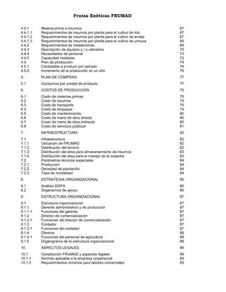 Frutas Exóticas FRUMAD
4.4.1
4.4.1.1
4.4.1.2
4.4.1.3
4.4.2
4.4.3
4.4.4
4.4.5
4.5
4.5.1
4.5.2

Materia prima e insumos
Requerimientos de insumos por planta para el cultivo de lulo
Requerimientos de insumos por planta para el cultivo de arveja
Requerimientos de insumos por planta para el cultivo de uchuva
Requerimientos de instalaciones
Descripción de equipos y / o utensilios
Necesidades de personal
Capacidad instalada
Plan de producción
Cantidades a producir por periodo
Incremento de la producción en un año

67
67
67
69
69
70
73
73
74
74
76

5.

PLAN DE COMPRAS

77

5.1

Consumos por unidad de producto

77

6.

COSTOS DE PRODUCCIÓN

79

6.1
6.2
6.3
6.4
6.5
6.6
6.7
6.8

Costo de materias primas
Costo de insumos
Costo de transporte
Costo de empaque
Costo de mantenimiento
Costo de mano de obra directa
Costo de mano de obra indirecta
Costo de servicios públicos

79
79
79
79
80
80
80
81

7.

INFRAESTRUCTURA

82

7.1
7.1.1
7.1.2
7.1.3
7.1.4
7.2
7.2.1
7.2.2
7.2.3

Infraestructura
Ubicación de FRUMAD
Distribución del terreno
Distribución del área para almacenamiento de insumos
Distribución del área para el manejo de la cosecha
Parámetros técnicos especiales
Producción
Densidad de plantación
Tasa de mortalidad

82
82
82
83
83
84
84
84
84

8.

ESTRATEGIA ORGANIZACIONAL

85

8.1
8.2

Análisis DOFA
Organismos de apoyo

85
86

9.

ESTRUCTURA ORGANIZACIONAL

87

9.1
9.1.1
9.1.1.1
9.1.2
9.1.2.1
9.1.3
9.1.3.1
9.1.4
9.1.4.1
9.1.5

Estructura organizacional
Gerente administrativo y de producción
Funciones del gerente
Director de comercialización
Funciones del director de comercialización
Contador
Funciones del contador
Obreros
Funciones del personal de agricultura
Organigrama de la estructura organizacional

87
87
87
87
87
87
87
88
88
88

10.

ASPECTOS LEGALES

89

10.1
10.1.1
10.1.2

Constitución FRUMAD y aspectos legales
Normas aplicable a la empresa unipersonal
Requerimientos mínimos para labores comerciales

89
89
89

 
