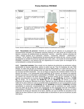 Frutas Exóticas FRUMAD
No.

Equipos y/o
utensilios

Descripción

Foto

Precio Total Cantidad Mantenimiento

24

Guantes de
carnaza

Es una prenda, cuya finalidad es la de proteger
las manos o el producto que se vaya a
manipular

$ 48.000

4

25

Guantes de
Plástico

Es una prenda, cuya finalidad es la de proteger
las manos de la contaminación de los
fungicidas e insecticidas

$ 24.000

4

Tipo de calzado que cubre el pie y el tobillo de
plástico usada para las labores culturales del
cultivo

$ 50.000

2

27 Botas

TOTAL

$ 17.051.000

Fuente: Cálculos realizados por el autor de la investigación basado en la planificación de los cultivos.

4.4.4 Necesidades de personal. Teniendo en cuenta que las labores en la producción son
exclusivamente manuales, se necesitarán personal (obreros con valor jornal de $ 25.000) en las
labores y procesos de establecimiento de plantación, siembra – resiembra, labores culturales del
cultivo, manejo sanitario de la plantación, cosecha – recolección, selección – clasificación y
empaque. En la Tabla 33. Requerimientos de personal para los cultivos de lulo, uchuva y arveja,
se presentan la cantidad de personal requerido para cada cultivo. En la parte de comercialización,
FRUMAD, contratará a una persona fija con experiencia en el tema quien se encargará de la
comercialización y ventas de la producción.
4.4.5 Capacidad instalada. Para cumplir con los objetivos de producción se sembraran cultivos
escalonados en épocas específicas, siendo el cultivo uno de: Tres (3) hectáreas de Lulo 7500
Plantas, el cultivo dos de Dos (2) hectáreas de Uchuva 5000 plantas y el cultivo tres de Tres (3)
hectáreas de Arveja (50.000 plantas) entre las calles del cultivo de Lulo; cultivo desarrollado con
los recursos de fondo emprender. Una vez se llegue al segundo año contando desde el inicio de
labores del cultivo, y con presupuesto propio generado de los mismos, se prepara una segunda
siembra que permita la continuidad y sostenibilidad a FRUMAD. De acuerdo a las planeaciones de
los cultivos con recursos del fondo emprender y recursos propios de las cosechas, se prevé
obtener una producción en el primer año de 18.863 Kg. de Lulo, 33.562 Kg. de Uchuva y 12.000
Kg. de Arveja. En el segundo año 45.000 Kg. de Lulo, 50.000 Kg. de Uchuva y no habrá
producción de Arveja por descanso de la tierra, además, por que la siembra es asociativa en las
calles de los otros cultivos lo cual no es factible dado el crecimiento en que se encuentran ya para
esta época. En el tercer año de 45.000 Kg. de Lulo, 50.000 Kg. de Uchuva y 20.000 Kg. de Arveja
aumentando la producción considerablemente, debido a que se sembrara una nueva cosecha
entra las calles de los otros cultivos que nuevamente se han proyectado para dar continuidad y
sostenibilidad a FRUMAD. En el cuarto año 45.000 Kg. de Lulo, 50.000 Kg. de Uchuva y no habrá
producción de Arveja por descanso de la tierra, además, por que la siembra es asociativa en las
calles de los otros cultivos lo cual no es factible dado el crecimiento en que se encuentran ya para
esta época.

Alexis Meneses Arévalo

alexismeneses@dalcame.com

73

 