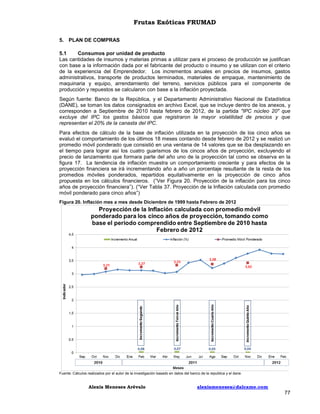 Frutas Exóticas FRUMAD
5. PLAN DE COMPRAS
5.1
Consumos por unidad de producto
Las cantidades de insumos y materias primas a utilizar para el proceso de producción se justifican
con base a la información dada por el fabricante del producto o insumo y se utilizan con el criterio
de la experiencia del Emprendedor. Los incrementos anuales en precios de insumos, gastos
administrativos, transporte de productos terminados, materiales de empaque, mantenimiento de
maquinaria y equipo, arrendamiento del terreno, servicios públicos para el componente de
producción y repuestos se calcularon con base a la inflación proyectada.
Según fuente: Banco de la República, y el Departamento Administrativo Nacional de Estadística
(DANE), se toman los datos consignados en archivo Excel, que se incluye dentro de los anexos, y
corresponden a Septiembre de 2010 hasta febrero de 2012, de la partida "IPC núcleo 20" que
excluye del IPC los gastos básicos que registraron la mayor volatilidad de precios y que
representan el 20% de la canasta del IPC.
Para efectos de cálculo de la base de inflación utilizada en la proyección de los cinco años se
evaluó el comportamiento de los últimos 18 meses contando desde febrero de 2012 y se realizó un
promedio móvil ponderado que consistió en una ventana de 14 valores que se iba desplazando en
el tiempo para lograr así los cuatro guarismos de los cincos años de proyección, excluyendo el
precio de lanzamiento que formara parte del año uno de la proyección tal como se observa en la
figura 17. La tendencia de inflación muestra un comportamiento creciente y para efectos de la
proyección financiera se irá incrementando año a año un porcentaje resultante de la resta de los
promedios móviles ponderados, repartidos equitativamente en la proyección de cinco años
propuesta en los cálculos financieros. (“Ver Figura 20. Proyección de la inflación para los cinco
años de proyección financiera”). (“Ver Tabla 37. Proyección de la Inflación calculada con promedio
móvil ponderado para cinco años”)
Figura 20. Inflación mes a mes desde Diciembre de 1999 hasta Febrero de 2012

Fuente: Cálculos realizados por el autor de la investigación basado en datos del banco de la republica y el dane.

Alexis Meneses Arévalo

alexismeneses@dalcame.com

77

 