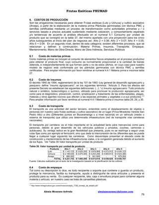 Frutas Exóticas FRUMAD
6. COSTOS DE PRODUCCIÓN
Son las erogaciones necesarias para obtener Frutas exóticas (Lulo y Uchuva) y cultivo asociativo
(Arveja), a partir de la elaboración de la materia prima Plántulas germinadas con técnica PMC y
semillas certificadas mediante un proceso de transformación como actividades primarias y / o
servicios tasado a precios actuales sustentado mediante cotización, y comportamiento esperado
y/o tendencias de acuerdo al análisis efectuado en el numeral 5.1 Consumo por unidad de
producto que se consignó en la tabla 37, del mismo apartado con una proyección para los cinco
años subsiguientes al inicio del plan de negocios así: Año 2 = 0.06; Año 3 = 0.07; Año 4 = 0.05;
Año 5 = 0.04. En un segundo nivel, dentro de esta categoría, existen diferentes procesos, que se
relacionan y definen a continuación: Materia Primas, Insumos, Transporte, Empaque,
Mantenimiento, Mano de Obra Directa, Mano de Obra Indirecta, Servicios Públicos
6.1
Costo de materias primas
Como materias primas se incluyen el conjunto de elementos físicos empleados en el proceso productivo
para obtener el producto final, cuyo consumo es normalmente proporcional a la cantidad de bienes
obtenida, e independientemente de que formen parte o no de estos últimos, en cuyo caso para nuestro
modelo de negocio está conformada por las plántulas germinadas con técnica PMC y semillas
certificadas. Para ampliar información por favor remitirse al numeral 4.4.1 Materia prima e insumos tabla
27.
6.2
Costo de insumos
El decreto 1840 de 1994, reglamentario de la ley 101 de 1993 -Ley general de desarrollo agropecuario y
pesquero- define “insumo agropecuario”, en los siguientes términos: “Articulo 3. Para los efectos del
presente Decreto se establecen las siguientes definiciones: (...); “c) Insumo agropecuario: Todo producto
natural o sintético, biotecnológico o químico, utilizado para promover la producción agropecuaria, así
como para el diagnóstico, prevención, control, erradicación y tratamiento de las enfermedades, plagas,
malezas y otros agentes nocivos que afecten a las especies animales y vegetales o a sus productos.”17
Para ampliar información por favor remitirse al numeral 4.4.1 Materia prima e insumos tabla 28, 29, y 30.
6.3
Costo de transporte
El transporte es una actividad del sector terciario, entendida como el desplazamiento de objetos o
personas (en nuestro caso frutas exóticas y cultivo asociativo) de un lugar (Finca Miradores Vereda San
Pedro Alto) a otro (Diferentes puntos en Bucaramanga o a nivel nacional) en un vehículo (medio o
sistema de transporte) que utiliza una determinada infraestructura (red de transporte vías carreteras
nacionales).
El transporte por carretera: es el más importante en la actualidad tanto para mercancías como para
personas, debido al gran desarrollo de los vehículos públicos y privados, (coches, camiones o
autobuses). Su ventaja radica en la gran flexibilidad que presenta, pues no se restringe a seguir unas
rutas fijas como por ejemplo el ferrocarril, sino que dada la interconexión de los diferentes ejes se puede
llegar a cualquier lugar siguiendo las carreteras. Como desventajas presentan el elevado coste de
construcción y mantenimiento de las infraestructuras viales, o la congestión generada debido al aumento
de los flujos. Ver Tabla 39 Valor transporte por unidad de producto
Tabla 39. Valor transporte por unidad de producto
Producto
Año 1
Año 2
Año 3
Año 4
Año 5
Lulo
$ 1.143.123 $ 3.625.200 $ 3.878.964 $ 4.072.912 $ 4.034.123
Uchuva
$ 2.198.630 $ 3.975.000 $ 4.253.250 $ 4.465.913 $ 4.423.380
Arveja
$ 880.000
$ 941.600
$ 979.264
TOTAL $ 4.221.753 $ 7.600.200 $ 9.073.814 $ 8.538.825 $ 9.436.767
Fuente: Cálculos realizados por el autor de la investigación basado en la planificación de los cultivos.

6.4
Costo de empaque
Tal como su descripción lo dice, es todo recipiente o soporte que contiene o guarda un producto,
protege la mercancía, facilita su transporte, ayuda a distinguirla de otros artículos y presenta el
producto para su venta. Es cualquier recipiente, lata, caja o envoltura propia para contener alguna
materia o artículo, en nuestro caso se trata de canastillas plásticas.
17

http://www.minagricultura.gov.co/archivos/concepto_1728_consejo_de_estado.pdf

Alexis Meneses Arévalo

alexismeneses@dalcame.com

79

 