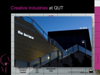 CRICOSNo.00213J
Creative Industries at QUT
Workforce
Creative
Capital
Research
ICI
CCI
Enterprise
CEA
 
