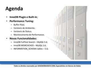 Agenda <ul><li>InnoDB Plugin e Built-in ; </li></ul><ul><li>Performance Tuning: </li></ul><ul><ul><li>Buffer Pool; </li></...