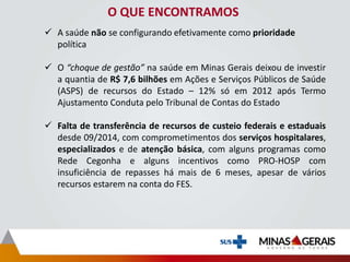 O QUE ENCONTRAMOS
 A saúde não se configurando efetivamente como prioridade
política
 O “choque de gestão” na saúde em Minas Gerais deixou de investir
a quantia de R$ 7,6 bilhões em Ações e Serviços Públicos de Saúde
(ASPS) de recursos do Estado – 12% só em 2012 após Termo
Ajustamento Conduta pelo Tribunal de Contas do Estado
 Falta de transferência de recursos de custeio federais e estaduais
desde 09/2014, com comprometimentos dos serviços hospitalares,
especializados e de atenção básica, com alguns programas como
Rede Cegonha e alguns incentivos como PRO-HOSP com
insuficiência de repasses há mais de 6 meses, apesar de vários
recursos estarem na conta do FES.
 