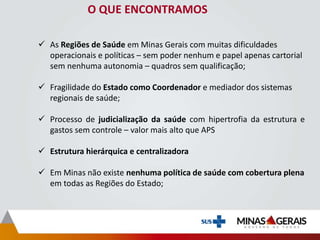O QUE ENCONTRAMOS
 As Regiões de Saúde em Minas Gerais com muitas dificuldades
operacionais e políticas – sem poder nenhum e papel apenas cartorial
sem nenhuma autonomia – quadros sem qualificação;
 Fragilidade do Estado como Coordenador e mediador dos sistemas
regionais de saúde;
 Processo de judicialização da saúde com hipertrofia da estrutura e
gastos sem controle – valor mais alto que APS
 Estrutura hierárquica e centralizadora
 Em Minas não existe nenhuma política de saúde com cobertura plena
em todas as Regiões do Estado;
 