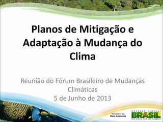 Planos de Mitigação e
Adaptação à Mudança do
Clima
Reunião do Fórum Brasileiro de Mudanças
Climáticas
5 de Junho de 2013
 