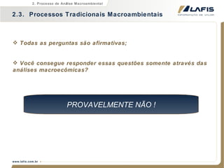 Todas as perguntas são afirmativas; Você consegue responder essas questões somente através das análises macroecômicas?  PROVAVELMENTE NÃO ! 2.3.  Processos Tradicionais Macroambientais 2. Processo de Análise Macroambiental 