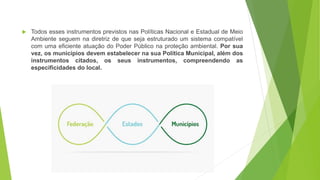  Todos esses instrumentos previstos nas Políticas Nacional e Estadual de Meio
Ambiente seguem na diretriz de que seja estruturado um sistema compatível
com uma eficiente atuação do Poder Público na proteção ambiental. Por sua
vez, os municípios devem estabelecer na sua Política Municipal, além dos
instrumentos citados, os seus instrumentos, compreendendo as
especificidades do local.
 