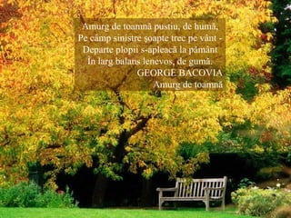 Amurg de toamnă pustiu, de humă,
Pe câmp sinistre şoapte trec pe vânt -
Departe plopii s-apleacă la pământ
În larg balans lenevos, de gumă.
GEORGE BACOVIA
Amurg de toamnă
 