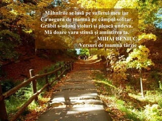 Mâhnirile se lasă pe sufletul meu iar
Ca negura de toamnă pe câmpul solitar.
Grăbit s-adună stoluri şi pleacă undeva.
Mă doare vara stinsă şi amintirea ta.
MIHAI BENIUC
Versuri de toamnă târzie
 