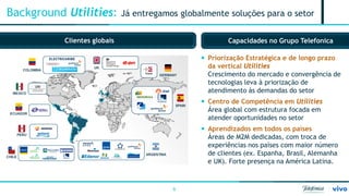 6 
Background Utilities: Já entregamos globalmente soluções para o setor 
Capacidades no Grupo Telefonica 
 
Priorização Estratégica e de longo prazo da vertical Utilities Crescimento do mercado e convergência de tecnologias leva à priorização de atendimento às demandas do setor 
 
Centro de Competência em Utilities Área global com estrutura focada em atender oportunidades no setor 
 
Aprendizados em todos os países Áreas de M2M dedicadas, com troca de experiências nos países com maior número de clientes (ex. Espanha, Brasil, Alemanha e UK). Forte presença na América Latina. 
Clientes globais  