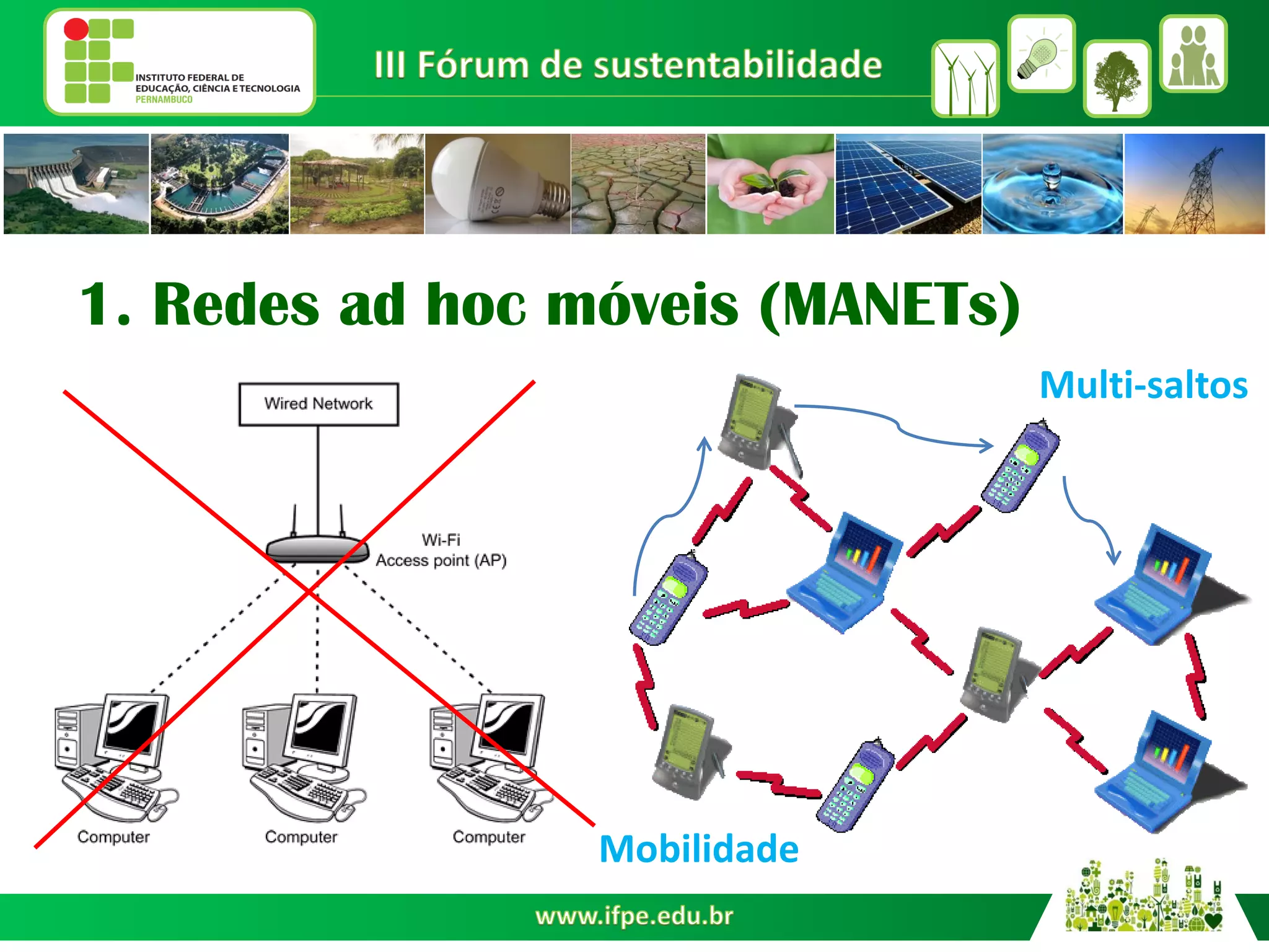 1. Redes ad hoc móveis (MANETs)
Multi-saltos
Mobilidade