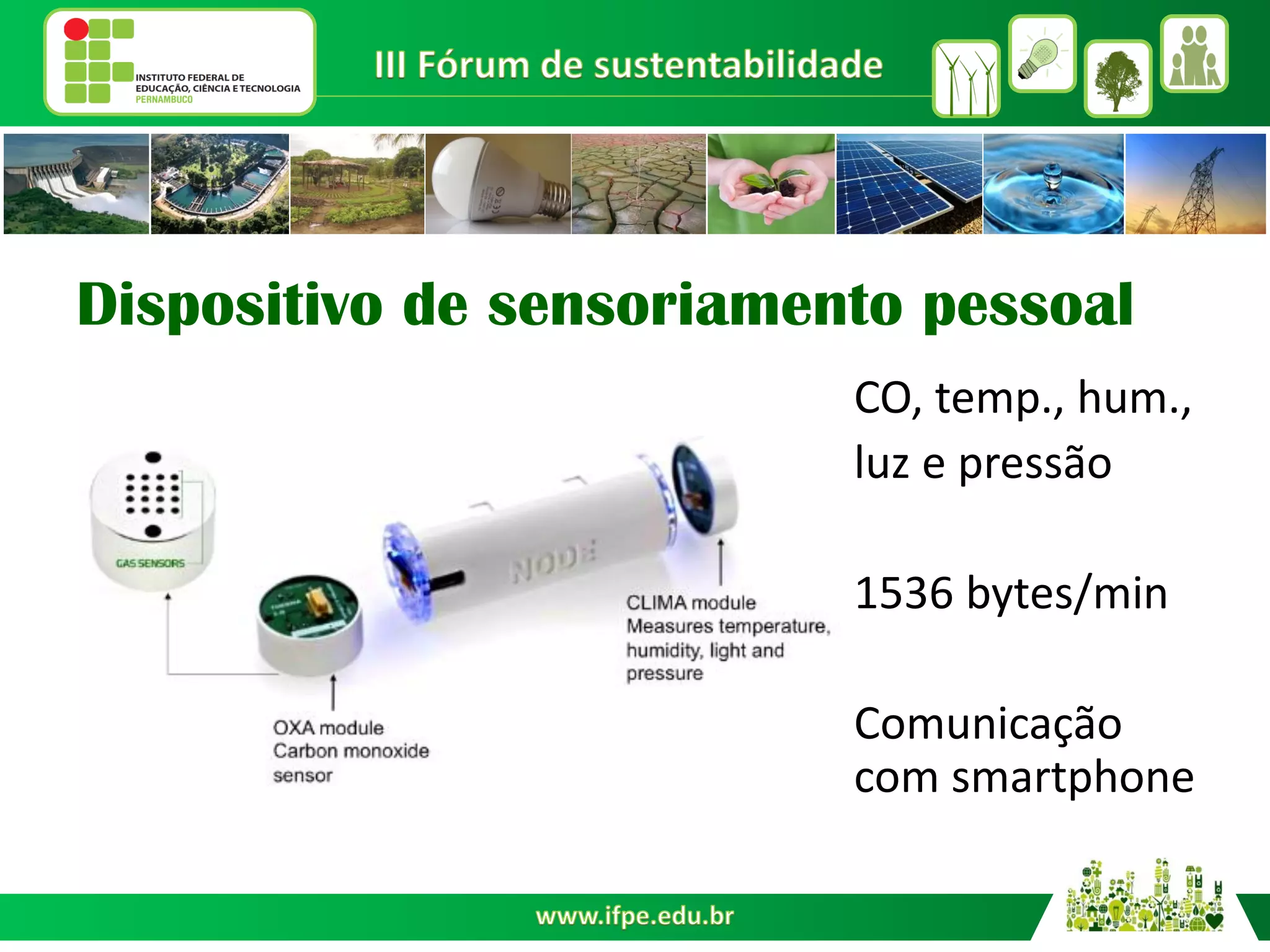 Dispositivo de sensoriamento pessoal
CO, temp., hum.,
luz e pressão
1536 bytes/min
Comunicação com smartphone