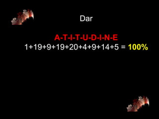 Dar A-T-I-T-U-D-I-N-E 1+19+9+19+20+4+9+14+5 =  100% 
