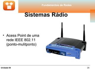 Fundamentos de Redes



             Sistemas Rádio


 • Acess Point de uma
   rede IEEE 802.11
   (ponto-mulitponto)




Unidade 04                                     25
 