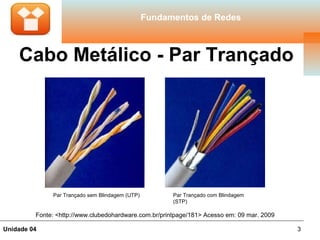 Fundamentos de Redes



    Cabo Metálico - Par Trançado




              Par Trançado sem Blindagem (UTP)         Par Trançado com Blindagem
                                                       (STP)

         Fonte: <http://www.clubedohardware.com.br/printpage/181> Acesso em: 09 mar. 2009

Unidade 04                                                                                  3
 