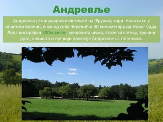 Андревље је популарно излетиште на Фрушкој гори. Налази се у
општини Беочин, 6 км од села Черевић и 30 километара од Новог Сада.
Лепа висораван 300м висок, мешовита шума, стазе за шетњу, трекинг
руте, ловишта и пут који повезује Андревље са Летенком.
Андревље
 