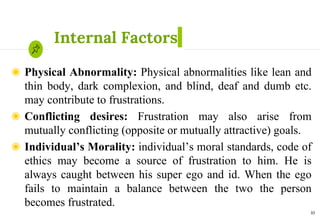 Internal Factors
◉ Physical Abnormality: Physical abnormalities like lean and
thin body, dark complexion, and blind, deaf and dumb etc.
may contribute to frustrations.
◉ Conflicting desires: Frustration may also arise from
mutually conflicting (opposite or mutually attractive) goals.
◉ Individual’s Morality: individual’s moral standards, code of
ethics may become a source of frustration to him. He is
always caught between his super ego and id. When the ego
fails to maintain a balance between the two the person
becomes frustrated.
10
 