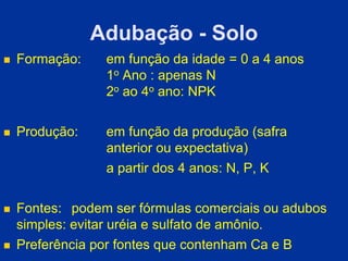 Adubação - Solo
 Formação: em função da idade = 0 a 4 anos
1o Ano : apenas N
2o ao 4o ano: NPK
 Produção: em função da produção (safra
anterior ou expectativa)
a partir dos 4 anos: N, P, K
 Fontes: podem ser fórmulas comerciais ou adubos
simples: evitar uréia e sulfato de amônio.
 Preferência por fontes que contenham Ca e B
 