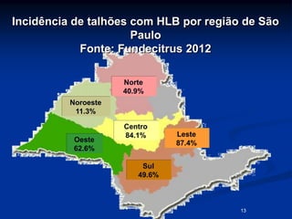 13
Oeste
62.6%
Noroeste
11.3%
Norte
40.9%
Centro
84.1%
Sul
49.6%
Leste
87.4%
Incidência de talhões com HLB por região de São
Paulo
Fonte: Fundecitrus 2012
13
 