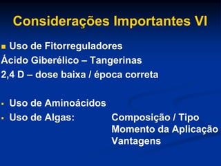 Considerações Importantes VI
 Uso de Fitorreguladores
Ácido Giberélico – Tangerinas
2,4 D – dose baixa / época correta
 Uso de Aminoácidos
 Uso de Algas: Composição / Tipo
Momento da Aplicação
Vantagens
 