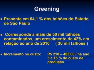 Greening
 Presente em 64,1 % dos talhões do Estado
de São Paulo
 Corresponde a mais de 50 mil talhões
contaminados, um crescimento de 42% em
relação ao ano de 2010 ( 36 mil talhões )
 Incremento no custo: R$ 210 – 403,00 / ha ano
5 a 15 % do custo de
produção
 