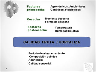 Factores precosecha Periodo de almacenamiento Composición química Apariencia  Calidad sensorial   CALIDAD  FRUTA  / HORTALIZA Agronómicos, Ambientales, Genéticos, Fisiológicos Cosecha Temperatura Humedad Relativa Momento cosecha Forma de cosecha Factores postcosecha 