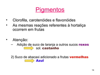 Pigmentos
•    Clorofila, carotenóides e flavonóides
•    As mesmas reações referentes à hortaliça
     ocorrem em frutas

•    Atenção:
    –   Adição de suco de laranja a outros sucos roxos
                    sol. castanho

    2) Suco de abacaxi adicionado a frutas vermelhas
                   Azul

                                                         14
 