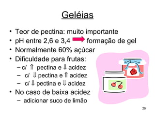 Geléias
•   Teor de pectina: muito importante
•   pH entre 2,6 e 3,4       formação de gel
•   Normalmente 60% açúcar
•   Dificuldade para frutas:
    – c/ ⇑ pectina e ⇓ acidez
    – c/ ⇓ pectina e ⇑ acidez
    – c/ ⇓ pectina e ⇓ acidez
• No caso de baixa acidez
    – adicionar suco de limão
                                               29
 