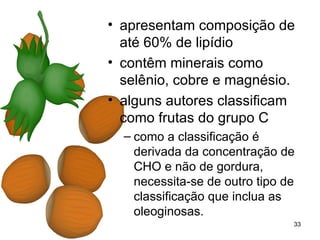 • apresentam composição de
  até 60% de lipídio
• contêm minerais como
  selênio, cobre e magnésio.
• alguns autores classificam
  como frutas do grupo C
  – como a classificação é
    derivada da concentração de
    CHO e não de gordura,
    necessita-se de outro tipo de
    classificação que inclua as
    oleoginosas.
                                33
 