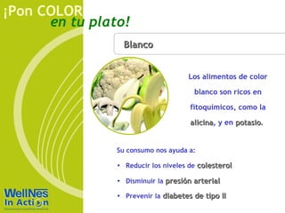 en tu plato!
¡Pon COLOR
BlancoBlanco
Los alimentos de color
blanco son ricos en
fitoquímicos, como la
alicinaalicina, y en potasiopotasio.
Su consumo nos ayuda a:
• Reducir los niveles de colesterolcolesterol
• Disminuir la presión arterialpresión arterial
• Prevenir la diabetes de tipo IIdiabetes de tipo II
 