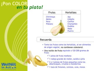 en tu plato!
¡Pon COLOR
RecuerdaRecuerda
• Tanto las frutas como las hortalizas, al ser alimentos
de origen vegetal, no contienen colesterolno contienen colesterol.
• Una ración de frutaUna ración de fruta equivale a 120-200 gramos de
fruta:
 1 pieza de fruta mediana
 1 rodaja grande de melón, sandía o piña
 2 o 3 piezas de frutas pequeñas como los
albaricoques, ciruelas o mandarinas
 1 taza de fresones, cerezas, uvas, moras
Rojo
Chirimoya
Melón
Pera
Plátano
Ajo
Cebolla
Coliflor
Champiñón
Endibia
Nabo
Puerro
FrutasFrutas HortalizasHortalizas
 