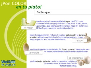 en tu plato!
¡Pon COLOR
Sabías que...Sabías que...
contiene importantes cantidades de fibrafibra y potasiopotasio, importante para
el buen funcionamiento del sistema cardiovascular.
la endibia
el ajo
ingerido regularmente, reduce el nivel de colesterolcolesterol y la tensióntensión
arterialarterial. Además, combate las infecciones bacterianas, víricas y
fúngicas gracias a su virtudes antibióticas.
su alto efecto sacianteefecto saciante y su bajo contenido calórico lo
convierten en un alimento muy útil en
dietas hipocalóricas.
el champiñón
contiene una altísima cantidad de aguaagua (90-95%) y una
cantidad de azúcar (6%) inferior a la de otras frutas, hecho
que unido a que apenas contiene grasa, hace del melón una
de las frutas con menor contenido calórico.el melón
 