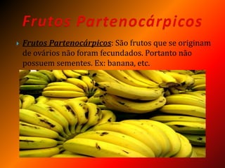  Frutos Partenocárpicos: São frutos que se originam
de ovários não foram fecundados. Portanto não
possuem sementes. Ex: banana, etc.
 
