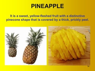 PINEAPPLE
   It is a sweet, yellow-fleshed fruit with a distinctive
pinecone shape that is covered by a thick, prickly peel.




                                                       14
 
