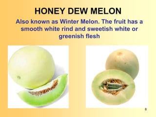 HONEY DEW MELON
Also known as Winter Melon. The fruit has a
 smooth white rind and sweetish white or
             greenish flesh




                                              8
 