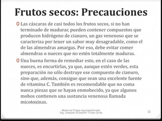Frutos secos: Precauciones 
0 Las cáscaras de casi todos los frutos secos, si no han 
terminado de madurar, pueden contener compuestos que 
producen hidrógeno de cianuro, un gas venenoso que se 
caracteriza por tener un sabor muy desagradable, como el 
de las almendras amargas. Por eso, debe evitar comer 
almendras o nueces que no estén totalmente maduras. 
0 Una buena forma de remediar esto, en el caso de las 
nueces, es encurtirlas, ya que, aunque estén verdes, esta 
preparación no sólo destruye ese compuesto de cianuro, 
sino que, además, consigue que sean una excelente fuente 
de vitamina C. También es recomendable que no coma 
nunca piezas que se hayan enmohecido, ya que algunos 
mohos contienen una sustancia venenosa llamada 
micotoxinas. 
Materias Primas Agroindustriales 
Ing. Consuelo Elizabeth Tirado Cerna 11 
 