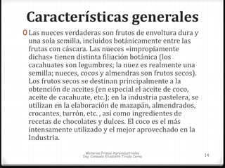 Características generales 
0 Las nueces verdaderas son frutos de envoltura dura y 
una sola semilla, incluidos botánicamente entre las 
frutas con cáscara. Las nueces «impropiamente 
dichas» tienen distinta filiación botánica (los 
cacahuates son legumbres; la nuez es realmente una 
semilla; nueces, cocos y almendras son frutos secos). 
Los frutos secos se destinan principalmente a la 
obtención de aceites (en especial el aceite de coco, 
aceite de cacahuate, etc.); en la industria pastelera, se 
utilizan en la elaboración de mazapán, almendrados, 
crocantes, turrón, etc. , así como ingredientes de 
recetas de chocolates y dulces. El coco es el más 
intensamente utilizado y el mejor aprovechado en la 
Industria. 
Materias Primas Agroindustriales 
Ing. Consuelo Elizabeth Tirado Cerna 14 
 