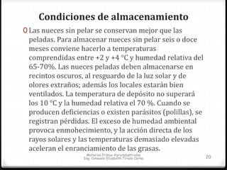 Condiciones de almacenamiento 
0 Las nueces sin pelar se conservan mejor que las 
peladas. Para almacenar nueces sin pelar seis o doce 
meses conviene hacerlo a temperaturas 
comprendidas entre +2 y +4 °C y humedad relativa del 
65-70%. Las nueces peladas deben almacenarse en 
recintos oscuros, al resguardo de la luz solar y de 
olores extraños; además los locales estarán bien 
ventilados. La temperatura de depósito no superará 
los 10 °C y la humedad relativa el 70 %. Cuando se 
producen deficiencias o existen parásitos (polillas), se 
registran pérdidas. El exceso de humedad ambiental 
provoca enmohecimiento, y la acción directa de los 
rayos solares y las temperaturas demasiado elevadas 
aceleran el enranciamiento de las grasas. 
Materias Primas Agroindustriales 
Ing. Consuelo Elizabeth Tirado Cerna 20 
 