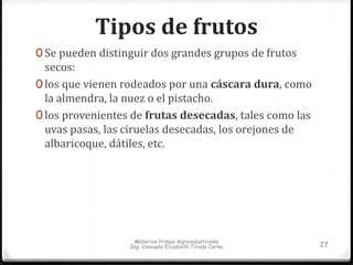 Tipos de frutos 
0 Se pueden distinguir dos grandes grupos de frutos 
secos: 
0 los que vienen rodeados por una cáscara dura, como 
la almendra, la nuez o el pistacho. 
0 los provenientes de frutas desecadas, tales como las 
uvas pasas, las ciruelas desecadas, los orejones de 
albaricoque, dátiles, etc. 
Materias Primas Agroindustriales 
Ing. Consuelo Elizabeth Tirado Cerna 27 
 