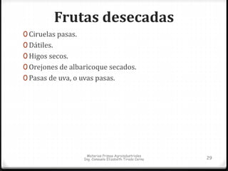 Frutas desecadas 
0 Ciruelas pasas. 
0 Dátiles. 
0 Higos secos. 
0 Orejones de albaricoque secados. 
0 Pasas de uva, o uvas pasas. 
Materias Primas Agroindustriales 
Ing. Consuelo Elizabeth Tirado Cerna 29 
 
