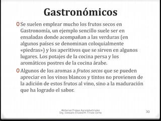 Gastronómicos 
0 Se suelen emplear mucho los frutos secos en 
Gastronomía, un ejemplo sencillo suele ser en 
ensaladas donde acompañan a las verduras (en 
algunos países se denominan coloquialmente 
«piedras») y los aperitivos que se sirven en algunos 
lugares. Los potajes de la cocina persa y los 
aromáticos postres de la cocina árabe. 
0 Algunos de los aromas a frutos secos que se pueden 
apreciar en los vinos blancos y tintos no provienen de 
la adición de estos frutos al vino, sino a la maduración 
que ha logrado el sabor. 
Materias Primas Agroindustriales 
Ing. Consuelo Elizabeth Tirado Cerna 30 
 