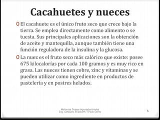 Cacahuetes y nueces 
0 El cacahuete es el único fruto seco que crece bajo la 
tierra. Se emplea directamente como alimento o se 
tuesta. Sus principales aplicaciones son la obtención 
de aceite y mantequilla, aunque también tiene una 
función reguladora de la insulina y la glucosa. 
0 La nuez es el fruto seco más calórico que existe: posee 
675 kilocalorías por cada 100 gramos y es muy rico en 
grasa. Las nueces tienen cobre, zinc y vitaminas y se 
pueden utilizar como ingrediente en productos de 
pastelería y en postres helados. 
Materias Primas Agroindustriales 
Ing. Consuelo Elizabeth Tirado Cerna 6 
 