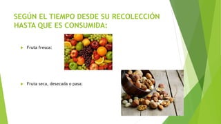 SEGÚN EL TIEMPO DESDE SU RECOLECCIÓN
HASTA QUE ES CONSUMIDA:
 Fruta fresca:
 Fruta seca, desecada o pasa:
 