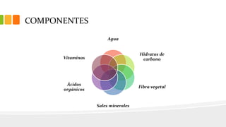 COMPONENTES
Agua
Hidratos de
carbono
Fibra vegetal
Sales minerales
Ácidos
orgánicos
Vitaminas
 