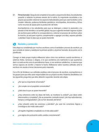 79TODOS PODEMOS APRENDER, NADIE SE QUEDA ATRÁS
2.1.	 Primerborrador.Despuésdecompletarelrecuadrooesquemadeideas,losestudiantes
pasarán a redactar la primera versión de la noticia. Es importante recordarles a los
grupos que pueden observar los espacios textualizados para que usen los textos como
modelo. Además, podemos facilitarles periódicos, enciclopedias, diccionarios y fichas
como recursos de apoyo para la producción del texto.
	Acompañemos a los estudiantes para que se detengan y relean lo avanzado y no
pierdan el hilo temático o el sentido global, hay que sugerirles también regresar al plan
de escritura para verificar la correspondencia y retomar el proceso de escritura sobre
la marcha, ya sea para suprimir, complementar o agregar una idea, separar párrafos
o plantear mejor la idea que se quiere transmitir.
3 	 Revisión y corrección
Esta etapa es considerada por muchos escritores como el verdadero proceso de escritura, ya
que consiste en revisar y reelaborar la primera versión o el primer borrador de acuerdo con lo
planificado.
Corregir un texto propio implica reflexionar sobre cómo nos sentimos cuando escribimos, si
estamos tristes, nerviosos o alegres, si lo que escribimos era realmente lo que queríamos
decir o si está escrito como lo pensábamos hacer, si nos sentimos satisfechos, si creemos que
somos capaces de escribir y mejorar lo hecho. Reflexionar sobre nuestras actitudes ante la
escritura nos ayuda a tomar decisiones para mejorarla.
Con el fin de fortalecer sus actitudes positivas ante el proceso de escritura, acompañemos a
los grupos para que ellos sean responsables de sus propios escritos.Podemos desafiarlos con
las siguientes preguntas que ellos deberán responder durante esta etapa:
	 ¿Por qué es importante el borrador?
	 	¿Se cumple con el propósito comunicativo?
	 ¿Está claro lo que se quiere transmitir?
	 ¿Hay coherencia entre las ideas del texto, se mantiene la unidad? ¿Las ideas están
relacionadas y completas? ¿No se presentan contradicciones? ¿No hay redundancias,
tampoco ambigüedades? ¿No se han desviado del tema?
	 ¿Hay cohesión entre las oraciones y párrafos? ¿Se usan los conectores lógicos y
cronológicos de modo adecuado?
	 ¿El registro lingüístico empleado es el más adecuado?
	 ¿Los signos de puntuación están usados correctamente?
 