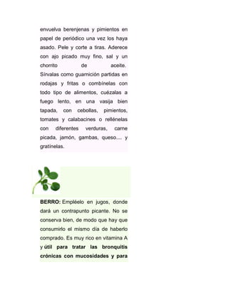 envuelva berenjenas y pimientos en
papel de periódico una vez los haya
asado. Pele y corte a tiras. Aderece
con ajo picado muy fino, sal y un
chorrito

de

aceite.

Sírvalas como guarnición partidas en
rodajas y fritas o combínelas con
todo tipo de alimentos, cuézalas a
fuego lento, en una vasija bien
tapada,

con

cebollas,

pimientos,

tomates y calabacines o rellénelas
con

diferentes

verduras,

carne

picada, jamón, gambas, queso.... y
gratínelas.

BERRO: Empléelo en jugos, donde
dará un contrapunto picante. No se
conserva bien, de modo que hay que
consumirlo el mismo día de haberlo
comprado. Es muy rico en vitamina A
y útil para tratar las bronquitis
crónicas con mucosidades y para

 