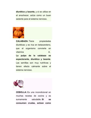 diurético y laxante, y si se utiliza en
el anochecer, actúa como un buen
sedante para el sistema nervioso.

CALABAZA: Tiene

propiedades

diuréticas y es rica en betacaroteno,
que

el

organismo

convierte

vitamina
La

pulpa

en
A.

de

la

calabaza

es

expectorante, diurética y laxante.
Las semillas son muy nutritivas y
tienen efecto calmante sobre el
sistema nervioso.

CEBOLLA: Es una incondicional en
muchas recetas de cocina y es
sumamente

saludable. Si

se

consumen crudas, actúan como

 