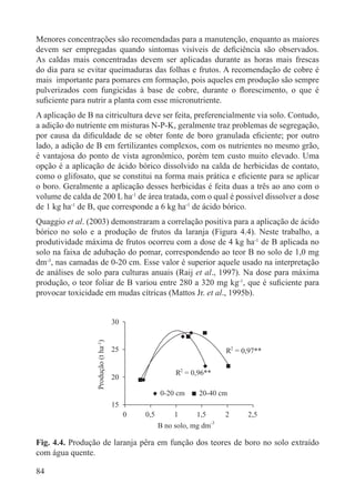 84
Menores concentrações são recomendadas para a manutenção, enquanto as maiores
devem ser empregadas quando sintomas visíveis de deﬁciência são observados.
As caldas mais concentradas devem ser aplicadas durante as horas mais frescas
do dia para se evitar queimaduras das folhas e frutos. A recomendação de cobre é
mais importante para pomares em formação, pois aqueles em produção são sempre
pulverizados com fungicidas à base de cobre, durante o ﬂorescimento, o que é
suﬁciente para nutrir a planta com esse micronutriente.
A aplicação de B na citricultura deve ser feita, preferencialmente via solo. Contudo,
a adição do nutriente em misturas N-P-K, geralmente traz problemas de segregação,
por causa da diﬁculdade de se obter fonte de boro granulada eﬁciente; por outro
lado, a adição de B em fertilizantes complexos, com os nutrientes no mesmo grão,
é vantajosa do ponto de vista agronômico, porém tem custo muito elevado. Uma
opção é a aplicação de ácido bórico dissolvido na calda de herbicidas de contato,
como o glifosato, que se constitui na forma mais prática e eﬁciente para se aplicar
o boro. Geralmente a aplicação desses herbicidas é feita duas a três ao ano com o
volume de calda de 200 L ha-1
de área tratada, com o qual é possível dissolver a dose
de 1 kg ha-1
de B, que corresponde a 6 kg ha-1
de ácido bórico.
Quaggio et al. (2003) demonstraram a correlação positiva para a aplicação de ácido
bórico no solo e a produção de frutos da laranja (Figura 4.4). Neste trabalho, a
produtividade máxima de frutos ocorreu com a dose de 4 kg ha-1
de B aplicada no
solo na faixa de adubação do pomar, correspondendo ao teor B no solo de 1,0 mg
dm-3
, nas camadas de 0-20 cm. Esse valor é superior aquele usado na interpretação
de análises de solo para culturas anuais (Raij et al., 1997). Na dose para máxima
produção, o teor foliar de B variou entre 280 a 320 mg kg-1
, que é suﬁciente para
provocar toxicidade em mudas cítricas (Mattos Jr. et al., 1995b).
Fig. 4.4. Produção de laranja pêra em função dos teores de boro no solo extraído
com água quente.
R2
= 0,97**
R2
= 0,96**
15
20
25
30
0 0,5 1 1,5 2 2,5
B no solo, mg dm-3
0-20 cm 20-40 cm
Produção(tha)-1
 