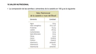 16.VALOR NUTRICIONAL
• La composición de las semillas o almendras de la castaña en 100 g es la siguiente:
 